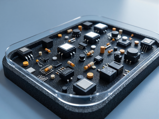 芯片电子元器件组合展示,包含集成电路、MCU单片机、传感器等产品,深色背景突出产品细节